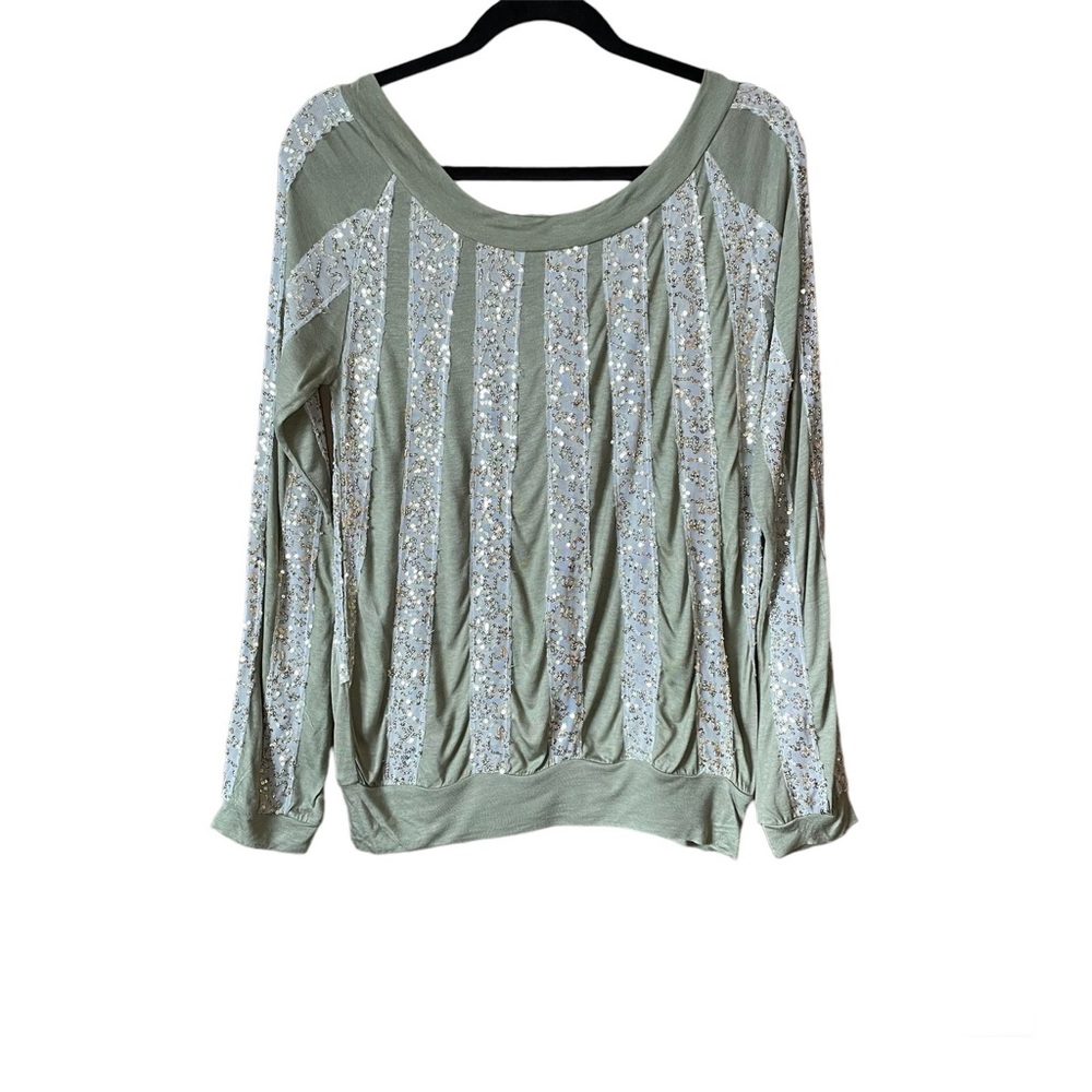 G-lish Women’s Sage Green with Gold Sequins Long Sleeve Blouse 100% Rayon Size M